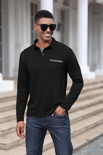 Vista 2 de Polo de algodón clásico de manga larga con botones térmicos y bolsillo para hombre