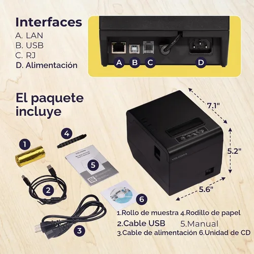 Vista 5 de Impresora de Recibos Térmica Volcora, Impresora POS de 80 mm con Cortador Automático, Interfaz USB/Ethernet para Windows/MAC/Linux, Soporte