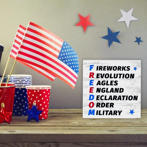 Vista 3 de Letrero patriótico de escritorio con texto en inglés «Happy 4th of July » Fuegos artificiales, Revolución, Águilas, Inglaterra, Declaración