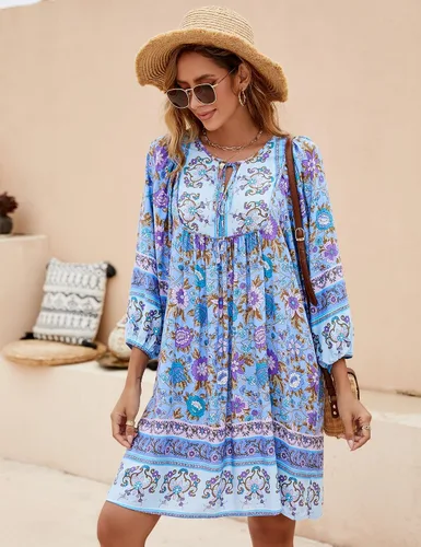 Vista 2 de Bluetime - Vestido informal de verano para mujer, estilo bohemio, cuello en V, manga 34, babydoll con estampado floral, vestido suelto para la playa