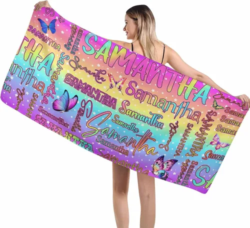 Vista 12 de MyPupSocks Toalla colorida personalizada para niños – Color arcoíris personalizada para viajes, playa, piscina y toallas de baño, toalla con nombre