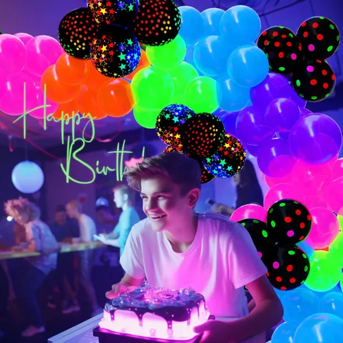 Vista 4 de Kit de arco de globos de neón UV que brillan en la oscuridad, globos de arco iris, rojo, azul, amarillo, verde, suministros de fiesta fluorescentes