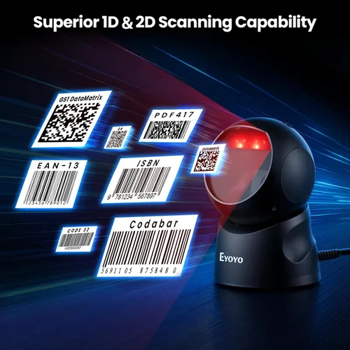 Vista 7 de Eyoyo Escáner de código de barras USB 2D, escáner de código QR omnidireccional automático de escritorio manos libres, lector de código de barras