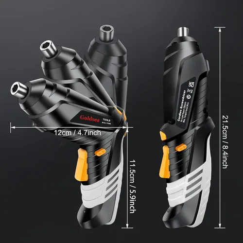 Vista 7 de Destornillador eléctrico Goldsea 4.2V inalámbrico 3.5N.m 1500mAh Carga tipo C 10 piezas de puntas de destornillador vástago hexagonal de 1/4" mango