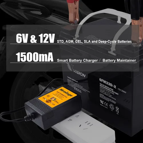 Vista 2 de Morange MBC015 cargador inteligente de batería/mantenedor de 6 V y 12 V, de 1.5 A, con cable de salida de 12 pies