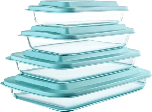Vista 6 de Juego de 8 platos para hornear de vidrio profundo con tapas de plástico, juego de utensilios rectangulares de vidrio con tapas, moldes para hornear