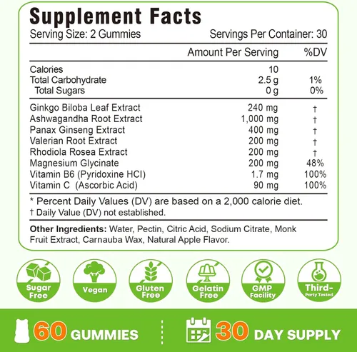 Vista 7 de Gomitas de ginkgo biloba de 240 mg con ginseng y magnesio, suplementos de ginko biloba gomitas para concentración cerebral, estado de ánimo