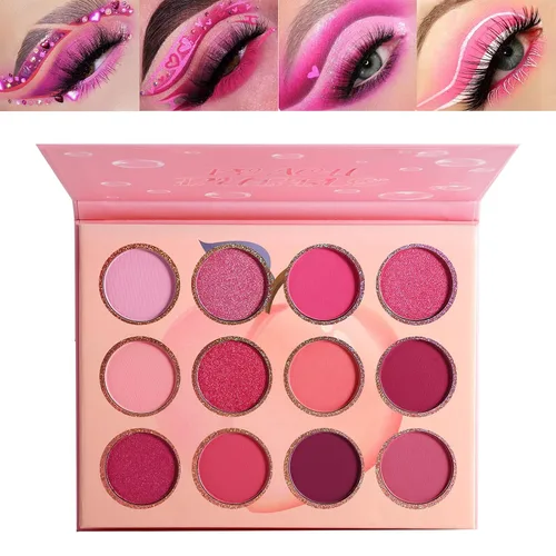 Vista 7 de Paleta de sombra de ojos rosa, 12 colores melocotón, mate y brillante, altamente pigmentada, rosa, mini paleta de sombra de ojos, cálida y natural