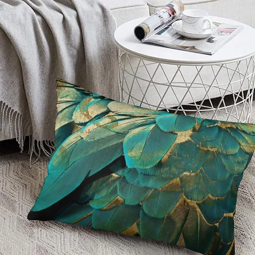 Vista 5 de Synthwave Fundas de almohada decorativas de plumas con purpurina verde azulado y dorado de 12 x 20 pulgadas, almohadas decorativas para decoración