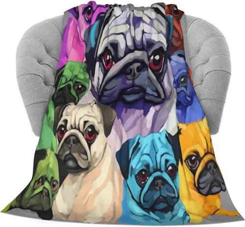 Vista 2 de Dujiea Manta de franela colorida con diseño de cachorros de perro carlino divertido de 40 x 50 pulgadas, manta súper suave y ligera para sofá