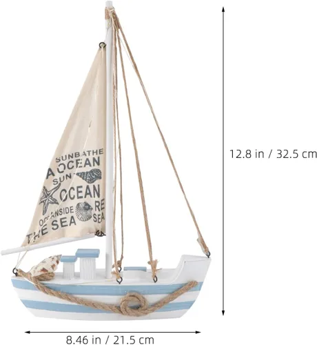 Vista 2 de Modelo de velero de madera, mini LED náutico, conchas náuticas, estatuilla de barco de vela de madera, decoración para el hogar, escritorio