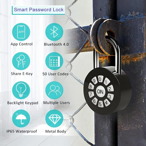 Vista 6 de Candado inteligente, bloqueo de contraseña con control de aplicación (iOS/Android), acceso a través de Bluetooth y códigos PIN, adecuado