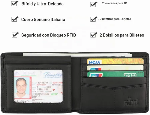 Vista 3 de Cartera de piel auténtica para hombre, con bloqueo RFID, plegable, elegante, con 2 ventanas de identificación Negro