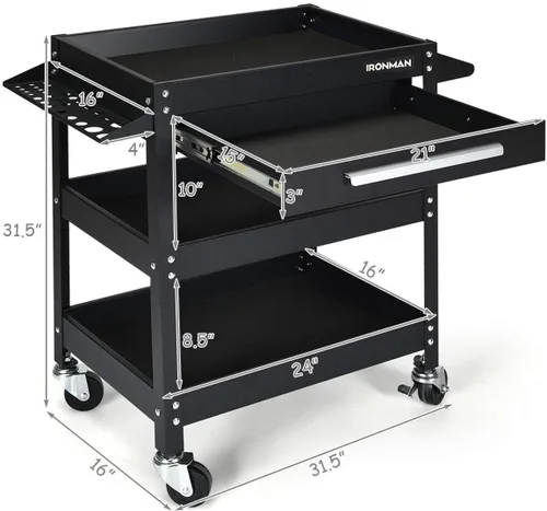 Vista 4 de IRONMAX Cofre de herramientas de 3 niveles, carrito de servicio industrial resistente con cajón y ruedas, organizador de caja de herramientas Negro