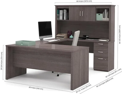 Vista 8 de Atlin Designs Escritorio moderno para computadora en forma de U de madera con gabinete, acabado gris corteza, superficie resistente a los arañazos