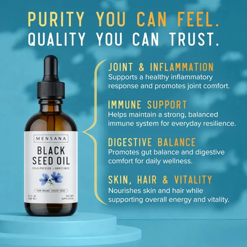 Vista 5 de MENSANA, Aceite de semilla negra (4 onzas – 47 porciones) – Virgen Nigella Sativa prensada en frío – Aceite de bienestar 100% orgánico, sin OMG