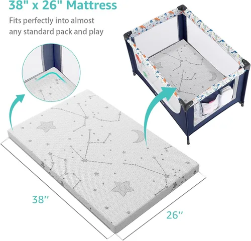 Vista 2 de YENING Funda de colchón Pack and Play transpirable 38x26 impermeable para bebé, cubrecolchón para Pack N Play, impermeable, paquete de 2