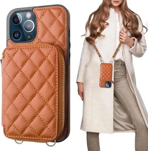 Vista 16 de Bocasal Funda tipo cartera cruzada para iPhone 12 Pro Max, con bloqueo RFID, de piel sintética, con cremallera, funda tipo cartera con función atril