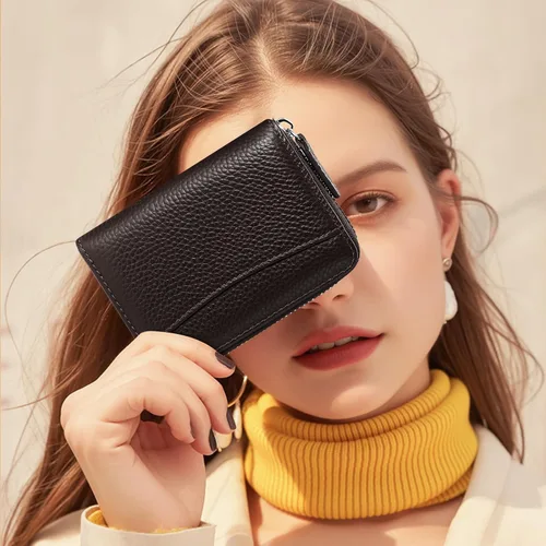 Vista 6 de Cartera de cuero genuino con bloqueo RFID, billetera con cremallera de lujo para mujeres con monedero, Color café, Classic