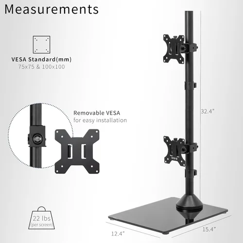 Vista 3 de VIVO Soporte de escritorio para monitor dual con base de vidrio templado, soporte LCD independiente, mantiene dos pantallas ultra amplias de hasta