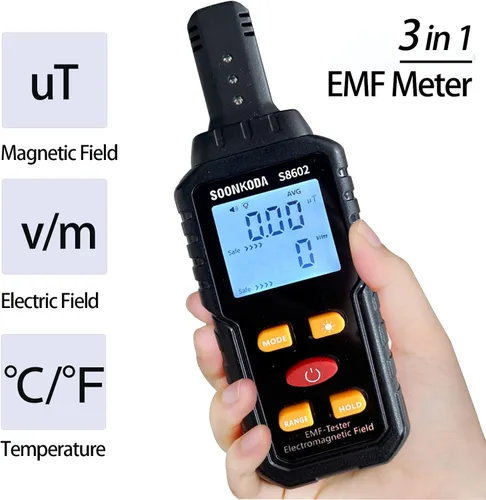 Vista 2 de Medidor EMF 3 en 1, Lector EMF, Detector de Radiación de Campo Electromagnético, Probador EMF para el Hogar, Detector EMF con Alarma de Luz