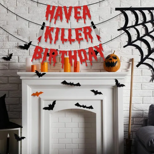 Vista 4 de Quimoy Decoraciones de cumpleaños Have a Killer, decoraciones de pancarta de Halloween, con 12 calcomanías de pared de murciélagos para decoración