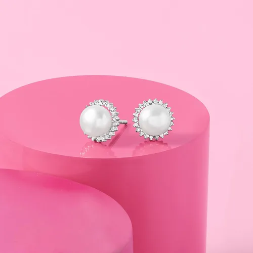 Vista 5 de Ross-Simons 7-7.5mm Cultured Button Pearl and .13 ct. t.w. Diamond Stud Earrings in Sterling Silver