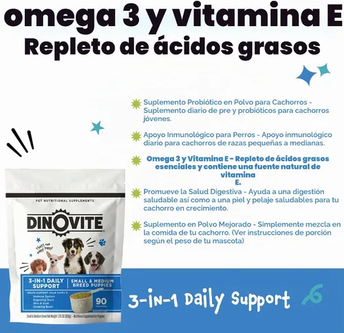 Vista 4 de Dinovite Probiótico 3 en 1 para cachorros, piel y pelaje, salud digestiva y alivio articular, complementos alimenticios para perros, aceite