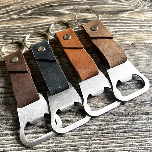 Vista 2 de Personalized Bottle Opener Keychain Leather - 3rd Anniversary Gift, Gift for Him, Father's Day Present