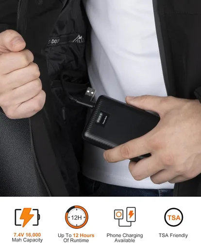 Vista 5 de azamine Chaqueta térmica para hombre con batería de 16000 mAh, abrigo térmico suave resistente al viento con capucha desmontable