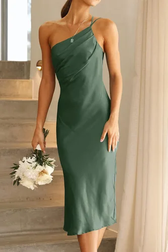 Vista 2 de PRETTYGARDEN Vestido midi de satén para mujer, con un hombro, tirantes delgados, espalda descubierta, fruncido, vestido ajustado de verano