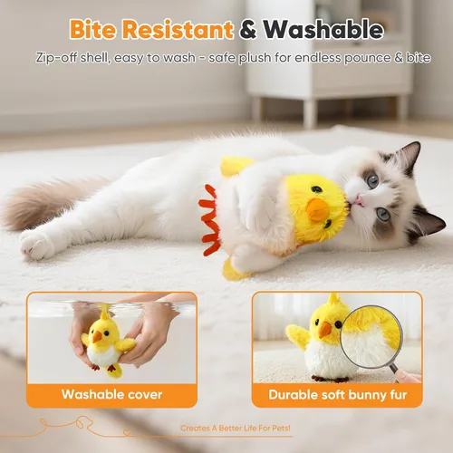 Vista 4 de Petbobi Juguetes para gatos, pájaro aleteante, juguete interactivo para gatos con alas aleteadoras y sonidos de chirrido, juguete recargable por USB