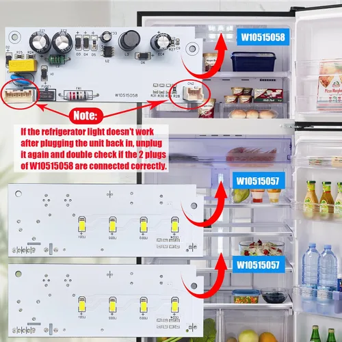 Vista 5 de 1 pieza de luz para refrigerador W10515058, 2 piezas de luz para refrigerador W10515057, juego de placas de luz LED para congelador de reemplazo