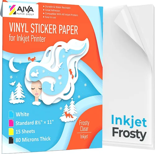 Vista 7 de Papel adhesivo de vinilo imprimible para impresora de inyección de tinta, blanco mate, 15 hojas autoadhesivas, papel de calcomanía impermeable