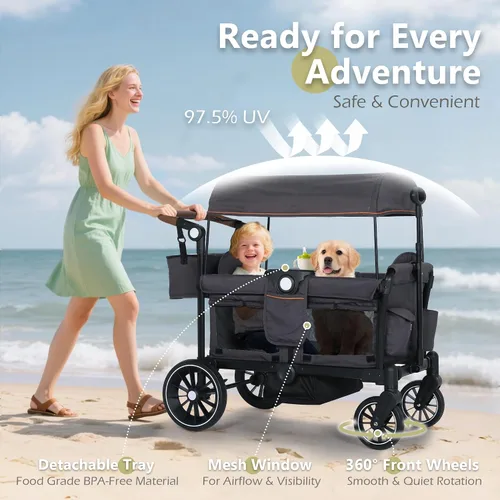 Vista 3 de Kinder King Wagon - Cochecito para 2 niños, barra de empuje/tracción ajustable, color gris