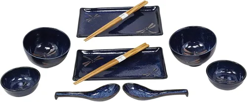 Vista 3 de Ebros Gift Juego de 10 platos japoneses de porcelana azul Tombo Dragonfly para sushi para 2 personas, pares de platos de sushi, cuencos de sopa