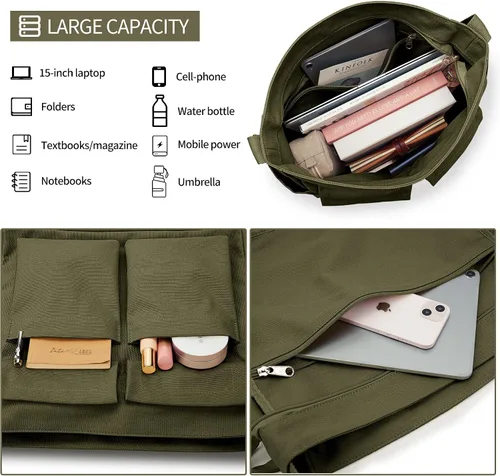 Vista 3 de KALIDI - Bolsa de lona con bolsillos, bolso bandolera grande para mujeres, hombres, universidad, trabajo, viajes, casual
