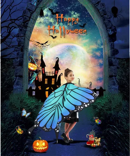Vista 3 de Alas de mariposa para niñas y niños disfraz de noche de brujas chal de hadas vestido de festival Rave Niños Color Verde Azulado