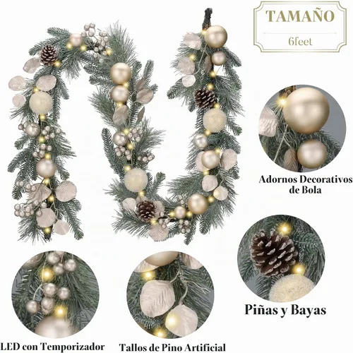 Vista 6 de Valery Madelyn 6 Ft Christmas Garland with Lights for Mantle White Gold Guirnalda de Navidad iluminada al aire libre con bolas de pino Norfolk