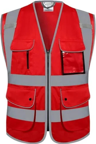 Vista 9 de Chalecos de seguridad reflectantes clase 2 retro con 9 bolsillos y cremallera frontal ANSI/ISEA 107-2015 (Negro-03, S)