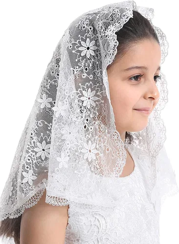 Vista 3 de Bozidol Velo de primera comunión para niñas Mantilla corta de encaje triangular capilla católica, cubierta de cabeza de misa, velo de iglesia