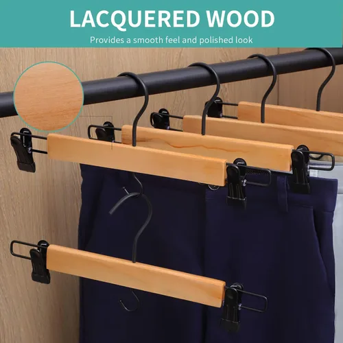 Vista 5 de Perchas de madera prémium para pantalones, paquete de 10 perchas para faldas con dos clips de agarre seguro, gancho giratorio con cancelación