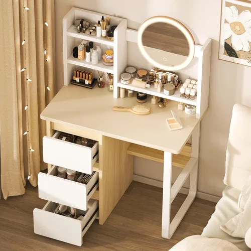 Vista 5 de Tocador de construcción resistente con tablero de 0.59 pulgadas de grosor, 3 en 1, multifuncional, con espejo ajustable y luces LED, mesa de noche