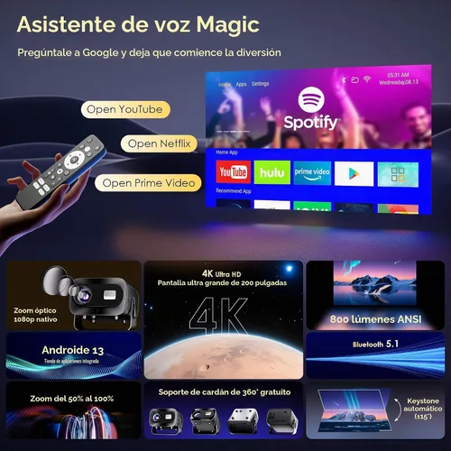 Vista 2 de Proyector con WiFi y Bluetooth, enfoque eléctrico y Keystone vertical, soporte HD 4K de 1080P, proyector inteligente con aplicaciones de transmisión