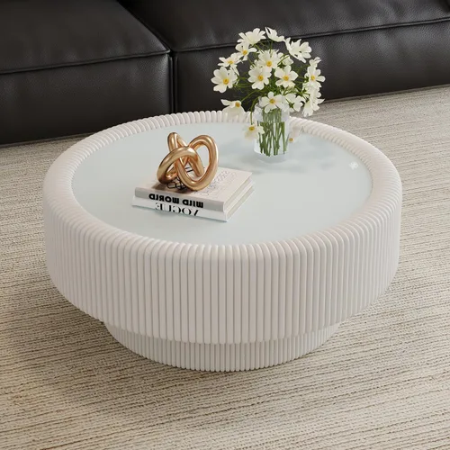 Vista 33 de Mesa de centro redonda de madera de 31.49 pulgadas con almacenamiento, mesa de centro circular acanalada de 2 niveles con tapa y estante para sala