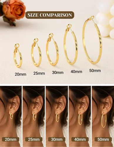Vista 5 de Aretes de aro de corte de diamante para mujer, aro ligero y fino Dorado