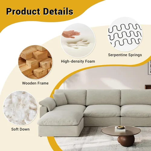 Vista 4 de Sofá modular Cloud para sala de estar, sofás de mezcla de lino en forma de L, modernos sofás de nube de asiento profundo, sofás seccionales Beige
