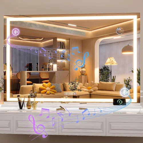 Vista 45 de Hasipu Espejo de tocador con luces, espejo LED de maquillaje de 31.5 x 22 pulgadas, espejo de maquillaje iluminado con 3 modos regulables, espejo