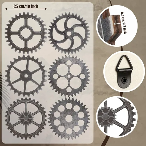 Vista 3 de 6 piezas de decoración de pared Steampunk de madera, rueda de engranajes steampunk, decoración industrial de pared de 10 pulgadas, combinación