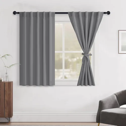 Vista 19 de Hiasan Cortinas opacas negras para dormitorio, cortinas opacas cortas de 45 pulgadas de largo, con aislamiento térmico, bolsillo para barra